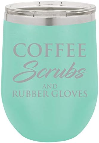 Photo 1 of 12 oz Double Wall Vacuum Insulated Stainless Steel Stemless Wine Tumbler Glass Coffee Travel Mug With Lid Nurse Doctor Dentist Dental Assistant Therapist Coffee Scrubs And Rubber Gloves (Teal)