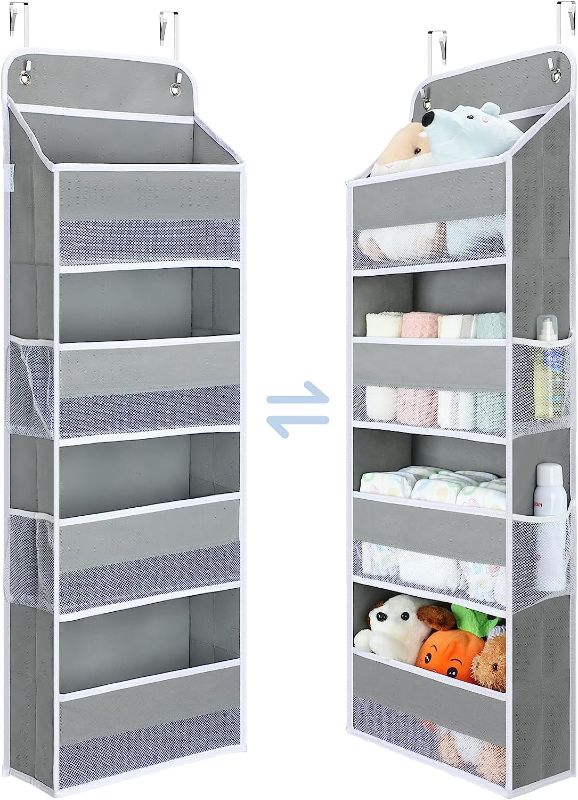 Photo 1 of 1 Pack Over the Door Organizer, Yecaye 35.2lbs Load Closet Door Organizer Hanging, Swing-proof Diaper Organizer Storage with 4 Big Pockets 4 Side Mesh Pockets for Nursery Newborn Baby Essentials Stuff
