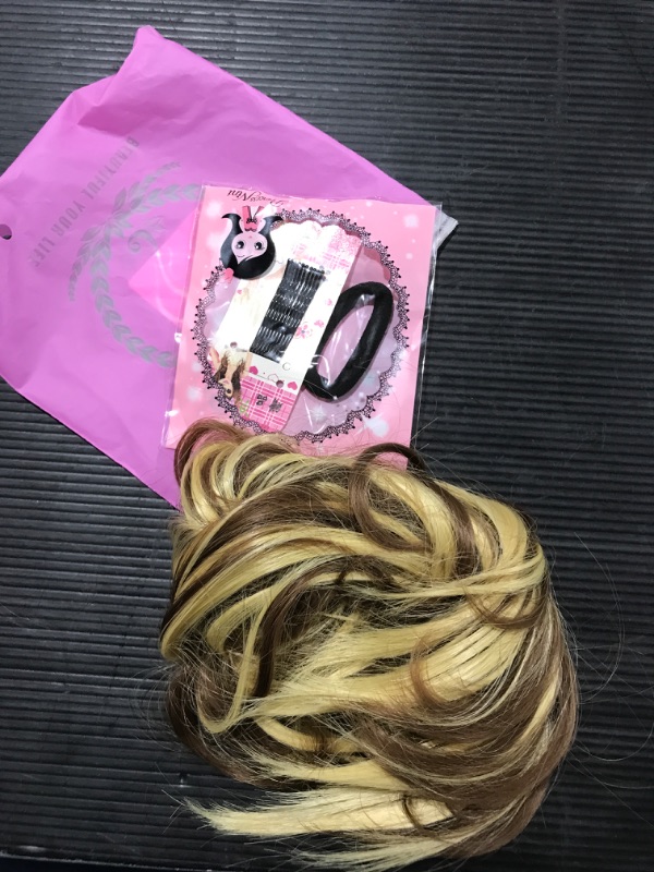 Photo 2 of 3-HMD Tousled Updo Messy Bun Hairpiece Hair Extension Ponytail with Elastic Rubber Band Updo Ponytail Hairpiece Synthetic Hair Extensions Scrunchies Ponytail Hairpieces for Women(Tousled Updo Bun, Light Blonde & Light Brown) BUNDLE OF 3!