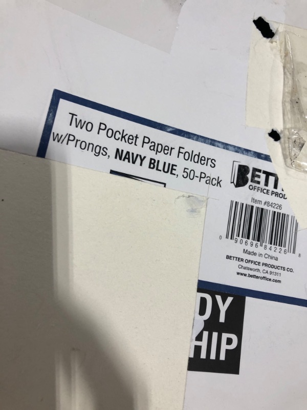 Photo 2 of Navy Blue Paper 2 Pocket Folders with Prongs, 50 Pack, by Better Office Products, Matte Texture, Letter Size Paper Folders, 50 Pack, with 3 Metal Prong Fastener Clips, Dark Blue