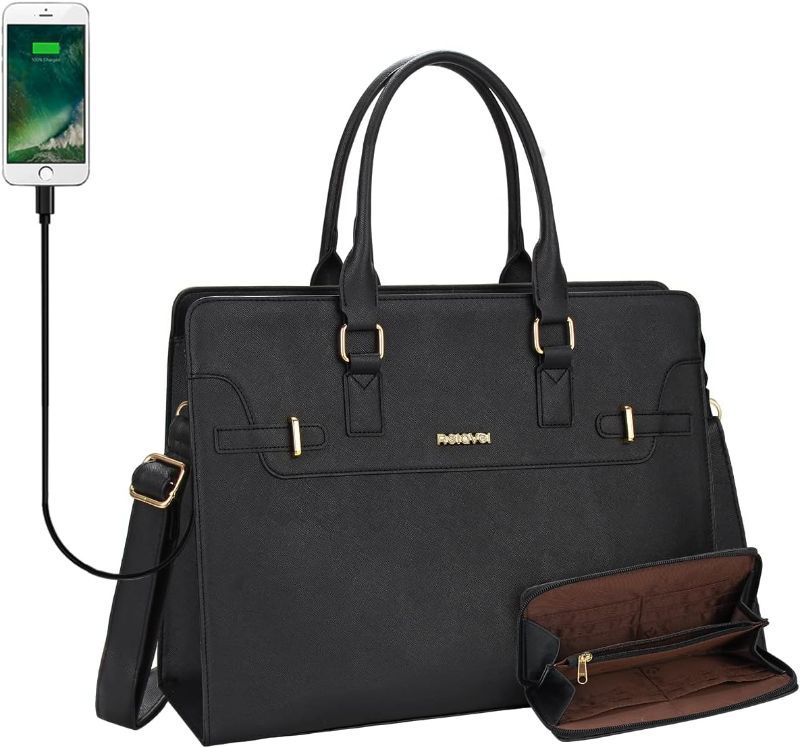 Photo 1 of Laptop Tote Bag for Women, Work Bag Large Leather Briefcase Waterproof Laptop Bag fits 15.6 Inch with USB Charging Port Business Tote Bag Casual Handbag Shoulder Bag Messenger Purse Black 2pcs Set 