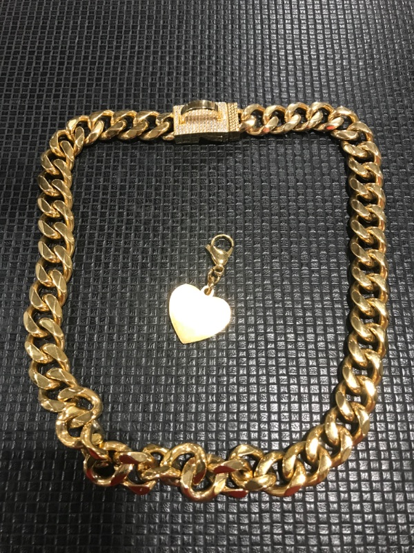 Photo 2 of 15MM Strong Dog Collar Gold Metal Stainless Steel with Zirconia Lock 18K Gold Small Medium Big Dog Luxury Training Collar Cuban Lock Link Necklace Chain with Heart Dog Id Tags 20"(for 17.5"-19.5" Neck) / 15MM