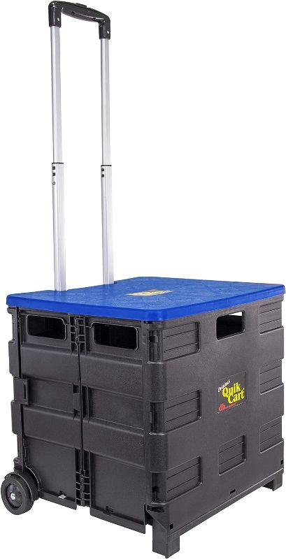Photo 1 of  Quik Cart Collapsible Rolling Crate on Wheels for Teachers Tote Basket, 80 lbs Capacity, Blue Lid Made from Heavy Duty Plastic and used as a Seat
