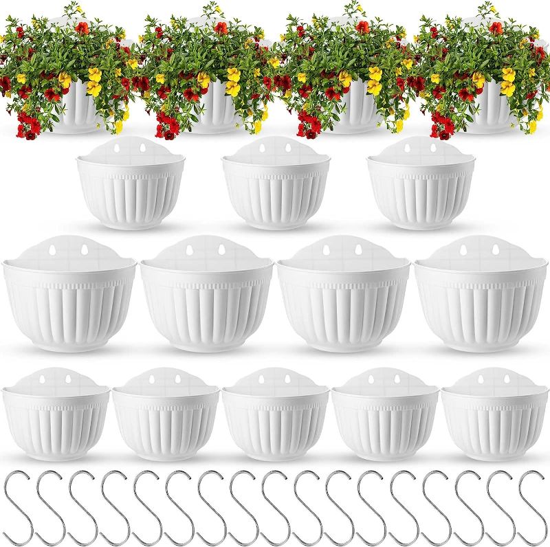 Photo 1 of 16 Pcs Resin Wall Hanging Planters Vertical Wall Mounted Planters Hanging Flower Pots Fence Planters for Indoor Outdoor Plant Flower Basket Balcony Railing (8.07 x 6.69 x 4.92'', 9.65 x 8.27 x 5.91'')
