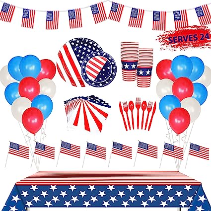 Photo 1 of 242Pcs 4th of July Party Supplies, Includes Tablecloth, Plates, Napkins, Cups, Flatware and Small American Flag, Banner,Balloons, Decorations for July Fourth Patriotic Party Veterans Memorial Day
