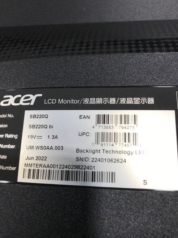 Photo 5 of Acer 21.5 Inch Full HD (1920 x 1080) IPS Ultra-Thin Zero Frame Computer Monitor (HDMI & VGA Port), SB220Q bi