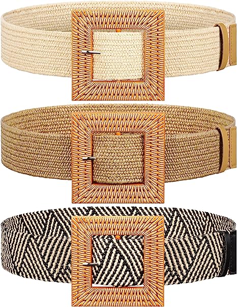 Photo 1 of 3 Pieces Straw Woven Belt Elastic Stretch Belt Boho Waist Belt Skinny Dress Braided Belt Wooden Buckle for Women
