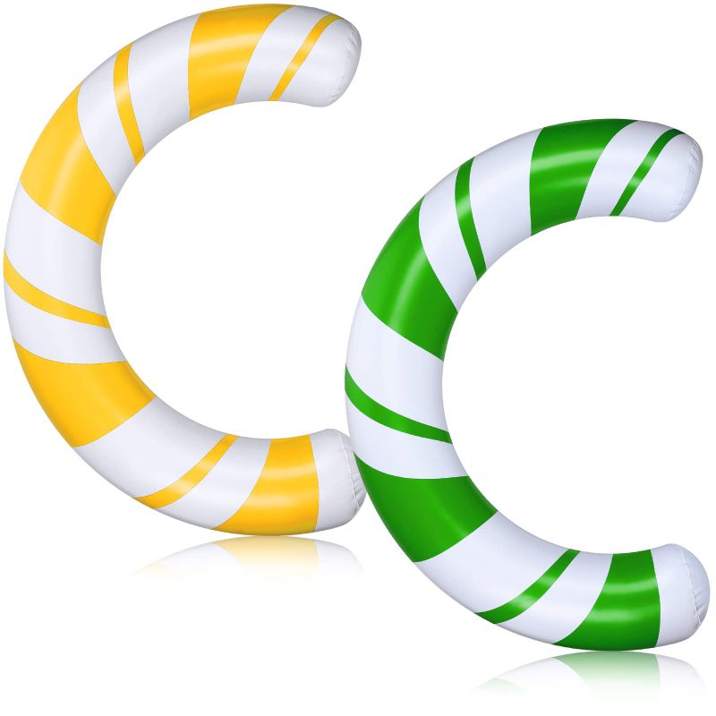 Photo 1 of 2 Pcs Inflatable Curved Swimming Pool Noodle Inflatable Pool Noodle Float Inflatable Curved Pool Float Striped Swim Noodles PVC Outdoor Water Games Toy for Swimming Pools (Green White, Yellow White)