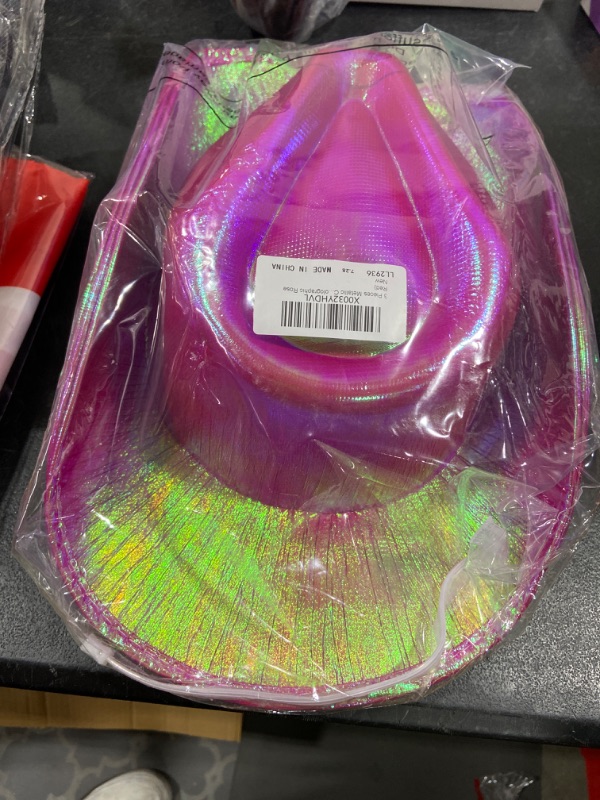 Photo 2 of 3 Pieces Metallic Cowboy Cowgirl Hats Holographic Space Rave Hat Western Disco Party Costume Accessories for Women
