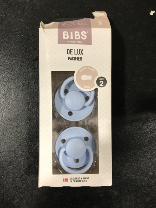 Photo 2 of BIBS Pacifiers - De Lux Collection | BPA-Free Baby Pacifier | Made in Denmark | Set of 2 Baby Blue Color Premium Soothers | Size 6-18 Months
