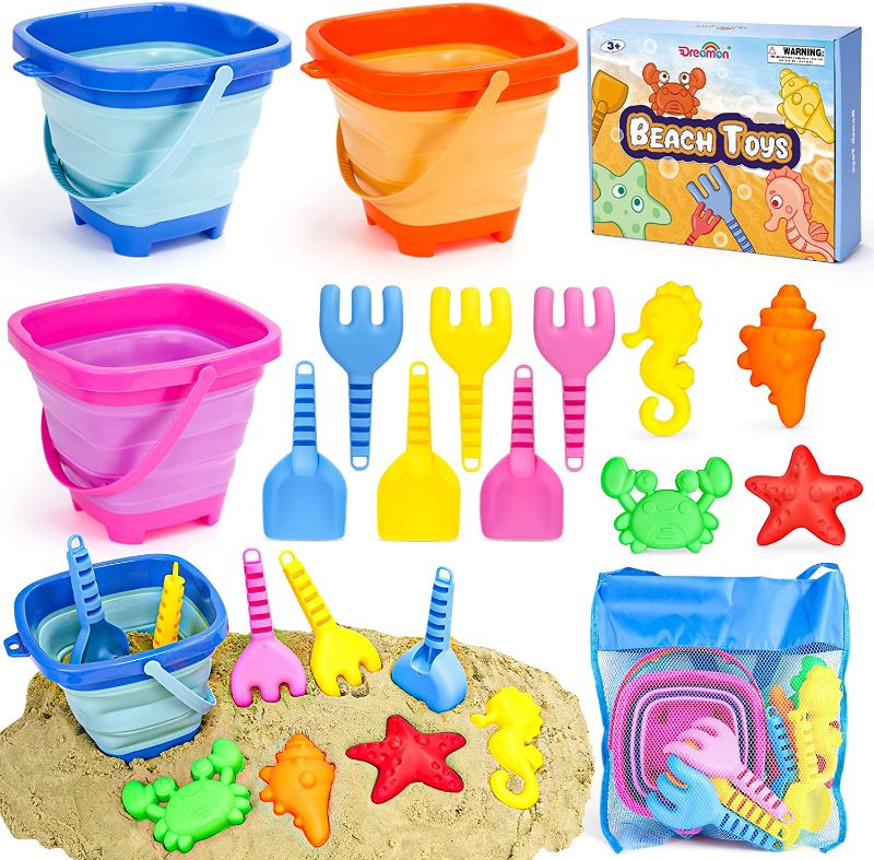 Photo 1 of Dreamon Beach Toys for Kids 3-10, Collapsible Sand Castle Toys for Beach Include 3 Pack Foldable Buckets, Shovels Molds and Storage Mash Bag, Sandbox Travel Toys for Toddlers Kids
