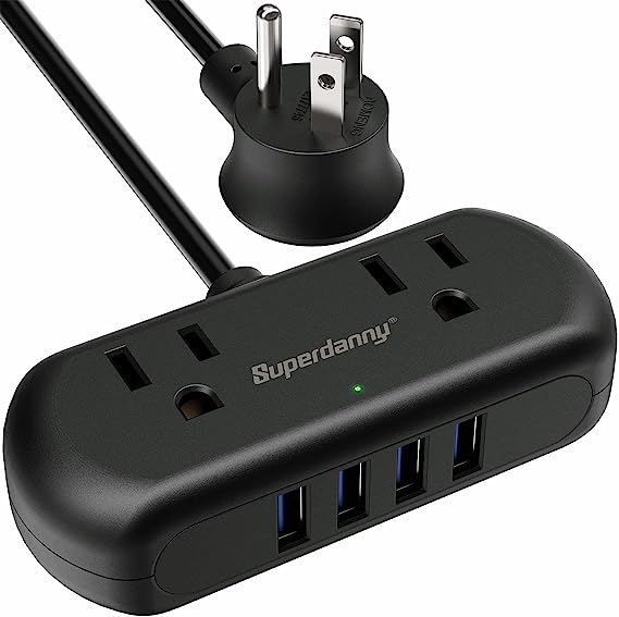 Photo 1 of SUPERDANNY Power Strip with USB, 4 USB Ports Surge Protector, 2 Widely Outlets Small Flat Plug with 5 Ft Heavy Duty Extension Cord, Compact Size Desktop Charging Station, Black
