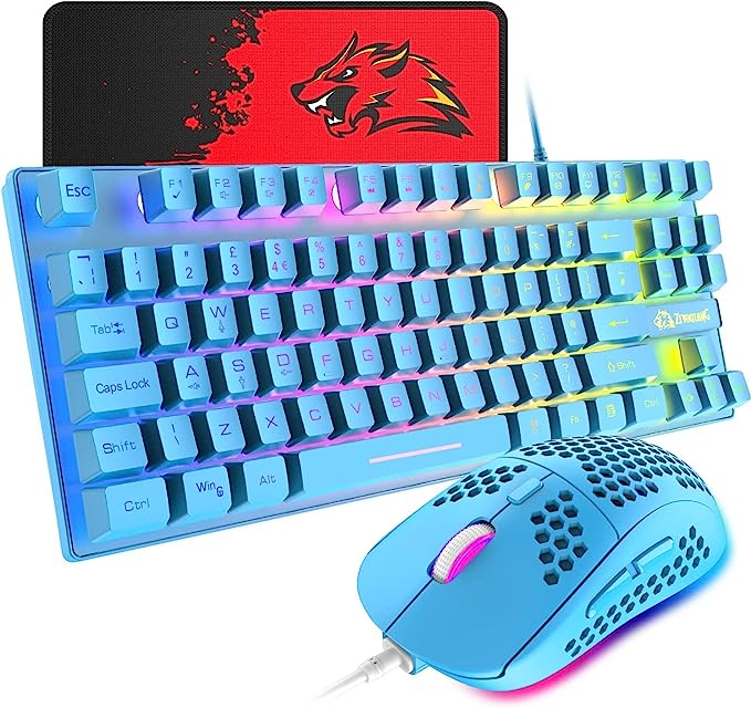 Photo 1 of Gaming Keyboard and Mouse Combo,88 Keys Compact Rainbow Backlit Mechanical Feel Keyboard,RGB Backlit 6400 DPI Lightweight Gaming Mouse with Honeycomb Shell for Windows PC Gamers (Blue)
