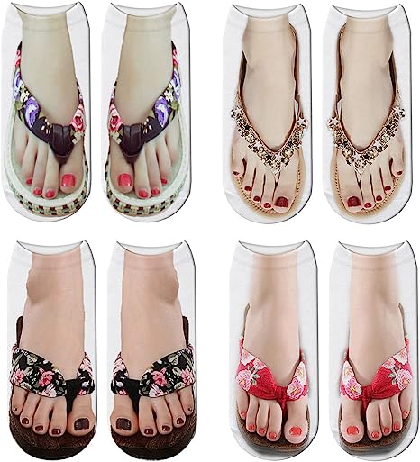 Photo 1 of 3D Flip-Flops Fun Socks,Women Girls Funny Crazy 3D Tie-Dye Socks,Look Like Shoes Sandal Novelty Silly Low Cut Ankle Socks (B style,6 Pairs)
