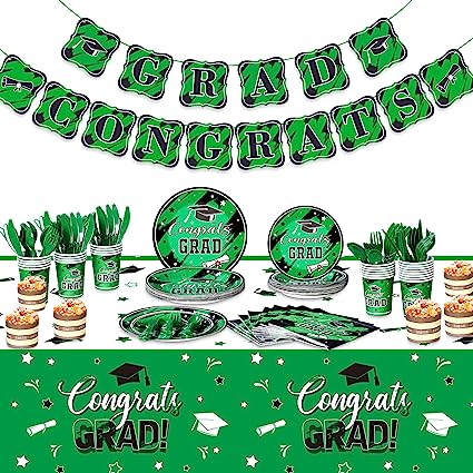 Photo 1 of 2023 Graduation Party Supplies 24 Guests Congrats Decorations Disposable Paper Plates Napkins Cups Knives Spoons Forks Banner Plastic Tablecloth for College School Graduation Dinnerware (Green)
