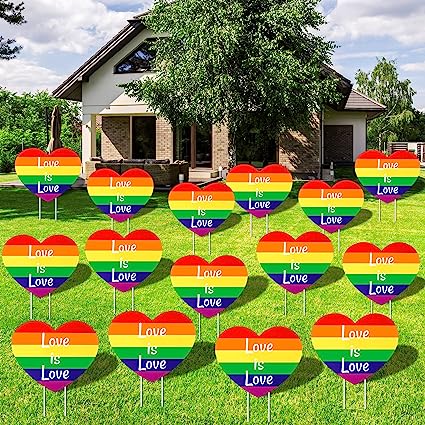 Photo 1 of 30 Pcs Gay Pride Yard Sign Decorations Rainbow Heart Lawn Signs 12 x 9.6 Inch Outdoor Waterproof Colorful Yard Lawn Spotted Rainbow Yard Signs with 60 Pcs Plastic Fiber Rods
