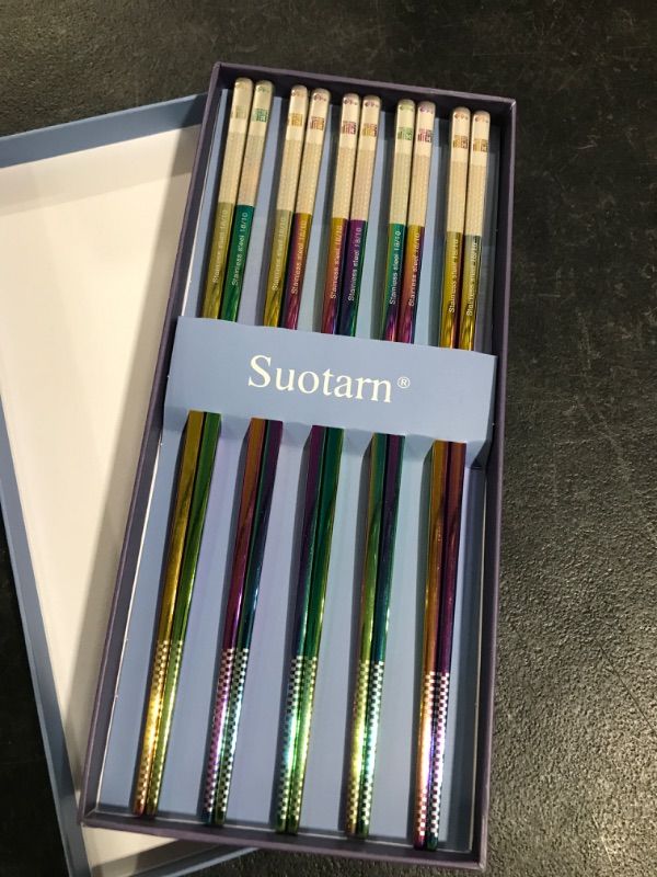 Photo 1 of 5 Pairs Reusable 18/10 Stainless Steel Metal Chopsticks Dishwasher Safe, Suotarn Square Lightweight Non-Slip 9.25 Inches Chop Sticks for Ramen, Sushi, Bento Box, Gift Set, Rainbow
