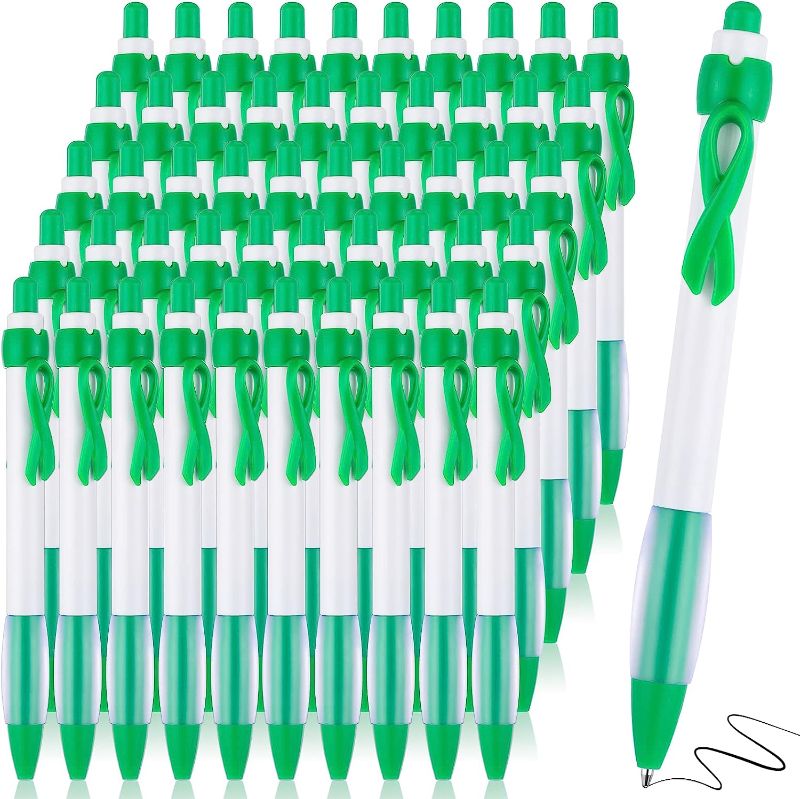 Photo 1 of Mental Health Awareness Retractable Pen Green Ribbon Liver Cancer Kidney Disease Awareness Black Ink Ballpoint Pen Bulk with Individual Packed for Charity Volunteers Activities Supplies (100 Pcs)
