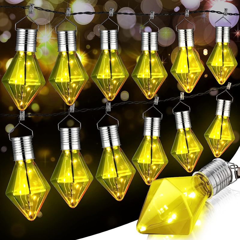 Photo 1 of 12 Pieces Outdoor Hanging Solar Lights, Diamond Solar Light Bulbs with Clip Garden Waterproof Camping LED Light Tree Solar Power Lights with Hook for Garden Yard Fence Decorations (Yellow Bulb)
