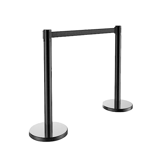 Photo 1 of 2 PCS Heavy Duty Steel Black Stanchion Post/Pole/Sign/Rope with 9.8 ft Retractable Black Belt | Safety Locking Belt | Easy Assembly and Connect | 4-Way Connect | Crowd Control Barrier | Queue Line