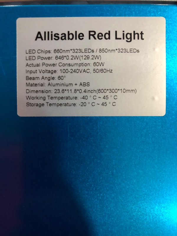 Photo 3 of Allisable Red Light Therapy Panel, Deep Red 660nm and Near Infrared 850nm Light Combo(646 LEDs)
