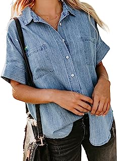 Photo 1 of Astylish Womens Button Down Shirts V Neck Loose Casual Shirt Large Light Blue