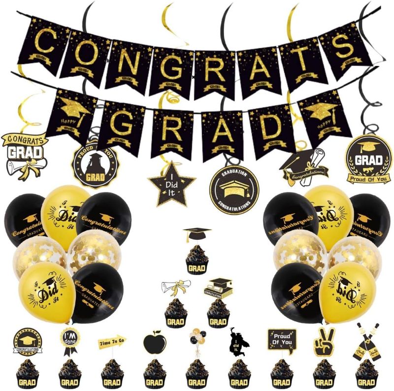 Photo 1 of 46 Pieces Graduation Decorations Party Supplies, Graduation Party Congratulations Banner, Hanging Swirls, Confetti Paper Balloons, Graduation Cake Decoration Supplies 