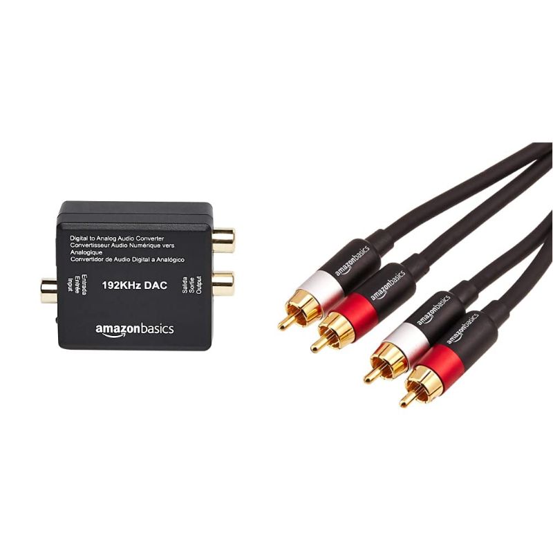 Photo 1 of Amazon Basics 192KHz Digital Optical Coax to Analog RCA Audio Converter, ABS, Black, 2 x 1.6 x 1 inches & 2-Male to 2-Male RCA Audio Stereo Subwoofer Cable - 4 Feet DAC Converter + Subwoofer Cable - 4 Feet