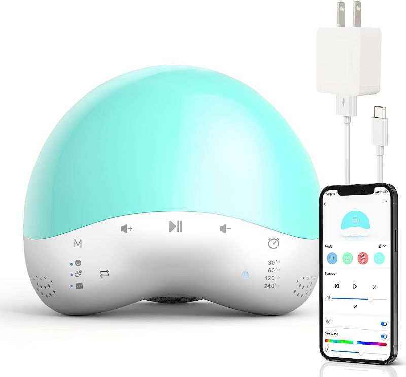 Photo 1 of Baby Sound Machine Nursery Night Light White Noise Machine 25 Soothing Sounds Sleep Machine RGB Color Changing APP & Voice Control with Alexa Portable Lamp Timer Noise Machine Baby/Adults White
