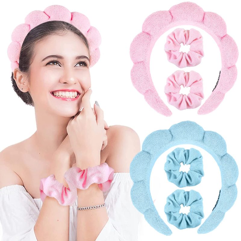 Photo 1 of 6 Pcs Puffy Spa Headband and Wristband Scrunchies Set, Skincare Bubble Headbands for Washing Face, Terry Cloth Towel Head Band for Makeup, Face Wash Headband and Wristband Set for Women and Girls

