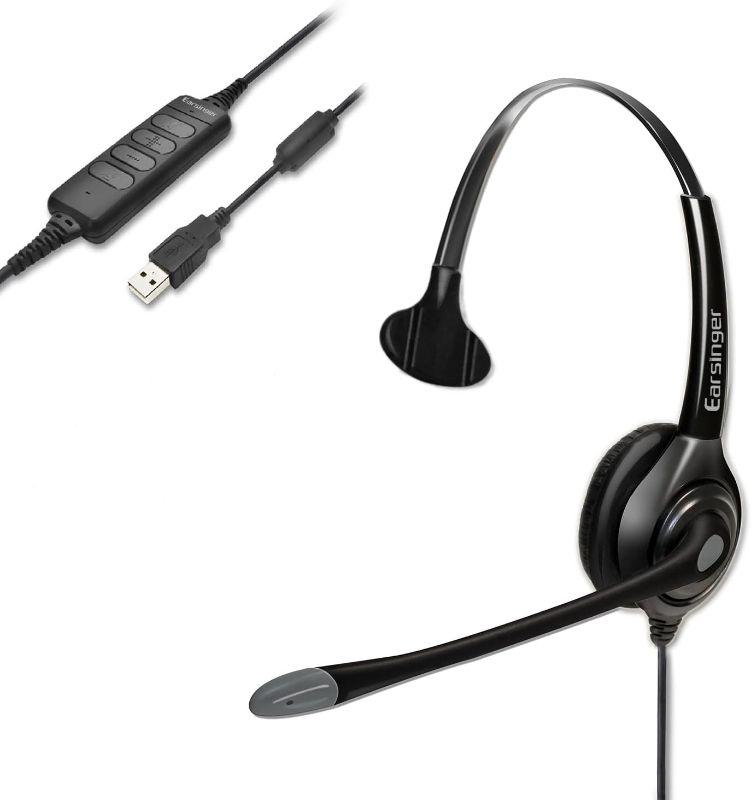 Photo 1 of Earsinger USB Headset with Microphone Headphone with Noise Cancelling Monaural Headset Computer Pro Headphone for Business Skype UC Lync Softphone Call Center OfficeOnline Course etc 