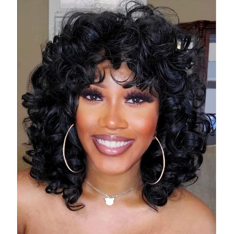 Photo 1 of andromeda Short Curly Wigs for Black Women Soft Black Big Curly Wig with Bangs Afro Kinky Curls Heat Resistant Natural Looking Synthetic Wig for African American Women (Big Curly) 