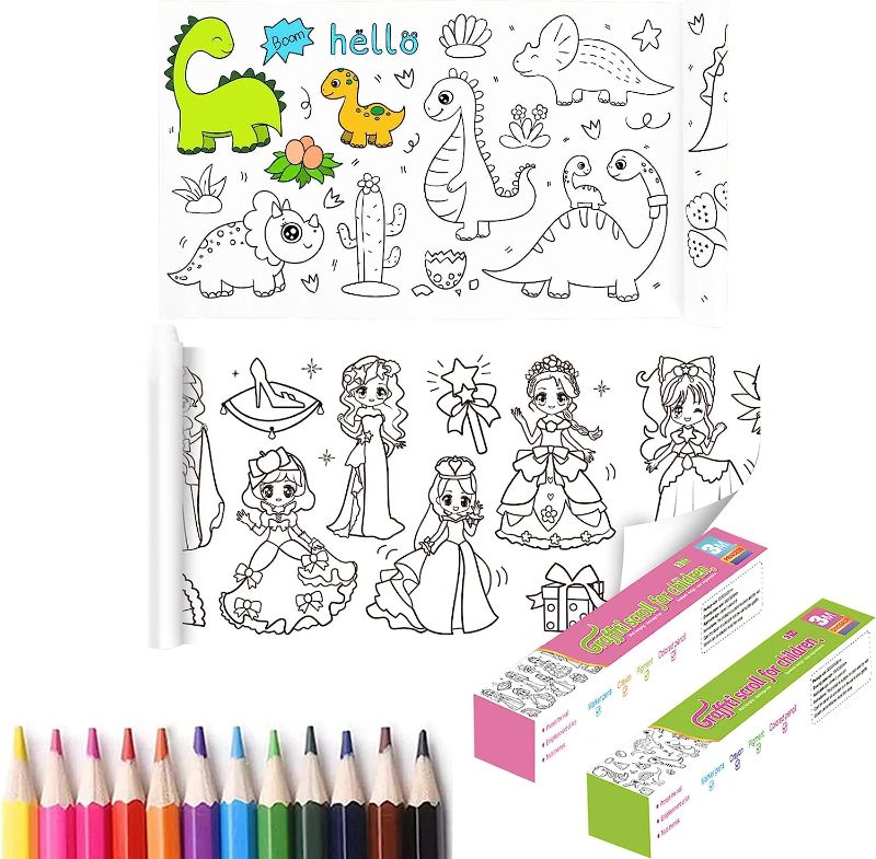 Photo 1 of 2PCS Childrens Drawing Roll,Drawing Roll Paper for Kids,Childrens Coloring Roll,Coloring Paper Roll for Kids,Drawing Roll Paper for Kids Sticky(Cute Princess+Dinosaur Paradise+12 Colored Pencils) 