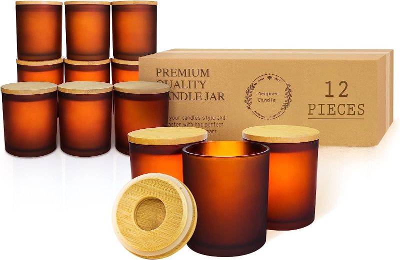 Photo 1 of 12 Pack Glass Candle Jars for Making Candles, 10 OZ Empty Candle Tins with Bamboo Lids, Bulk Clean Candle Containers Wholesale Candle Glass - Frosted Brown
