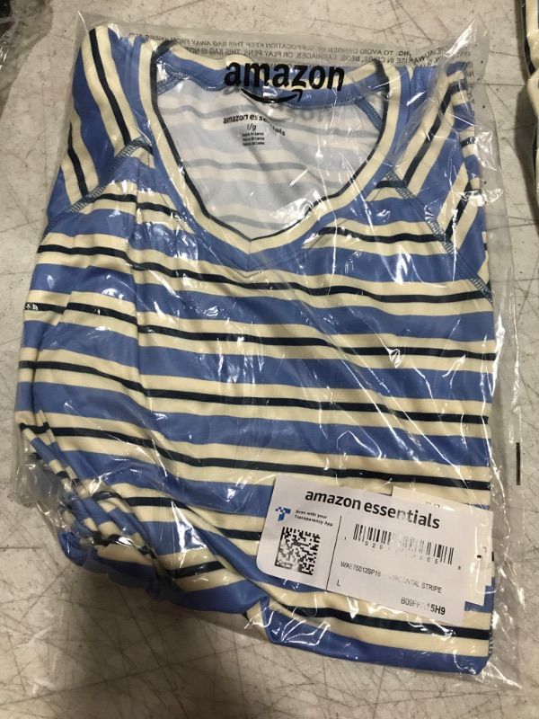 Photo 1 of Amazon Essentials Women's Rash Guard Short Sleeve Large Blue Horizontal Stripe - large 