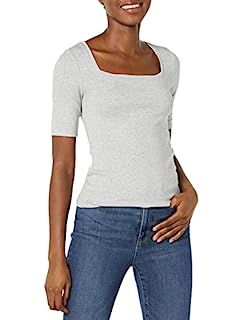 Photo 1 of Amazon Essentials Women's Slim-Fit Half Sleeve Square Neck T-Shirt, Light Grey Heather, X-Large