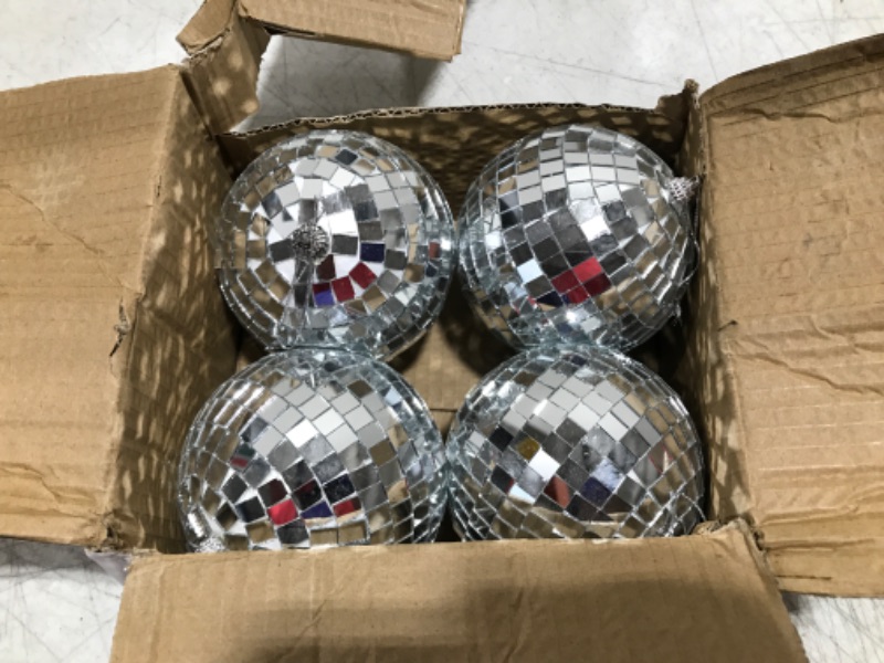 Photo 2 of 4 Pack Large Disco Ball Silver Hanging Disco Balls Reflective Mirror Ball Ornament for Party Holiday Wedding Dance and Music Festivals Decor Club Stage Props DJ Decoration (6 Inch, 4 Inch)