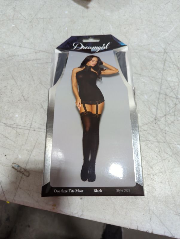 Photo 2 of Dreamgirl Women's Sheer Halter Garter Lingerie Dress with Attached Thigh High Stockings