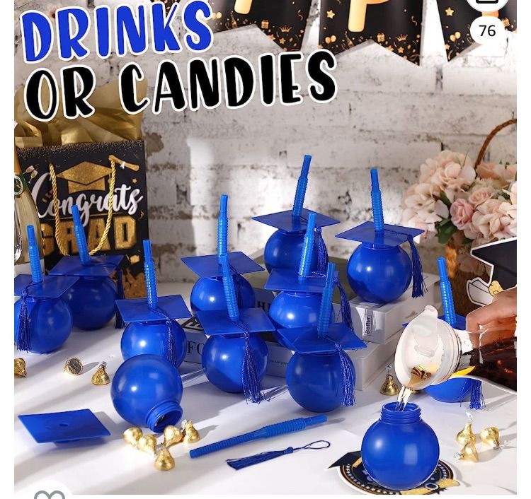 Photo 1 of 12 Set Graduation Party Cups Plastic Graduation Cap Cup with Tassel, 10 oz Congrats Grad Cup with Straw and Lid, Reusable Graduation Party Supplies Students (Blue)