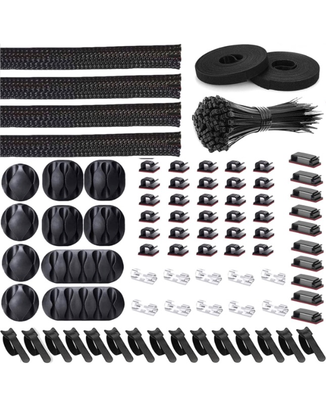 Photo 1 of 181pcs Cable Management Kits, 100 Fastening Cable Ties with 4 Wire Organizer Sleeve, 10pcs and 2 Roll Self Adhesive Ties 35 Wire Clips, 10+15 Desktop Cable Holder