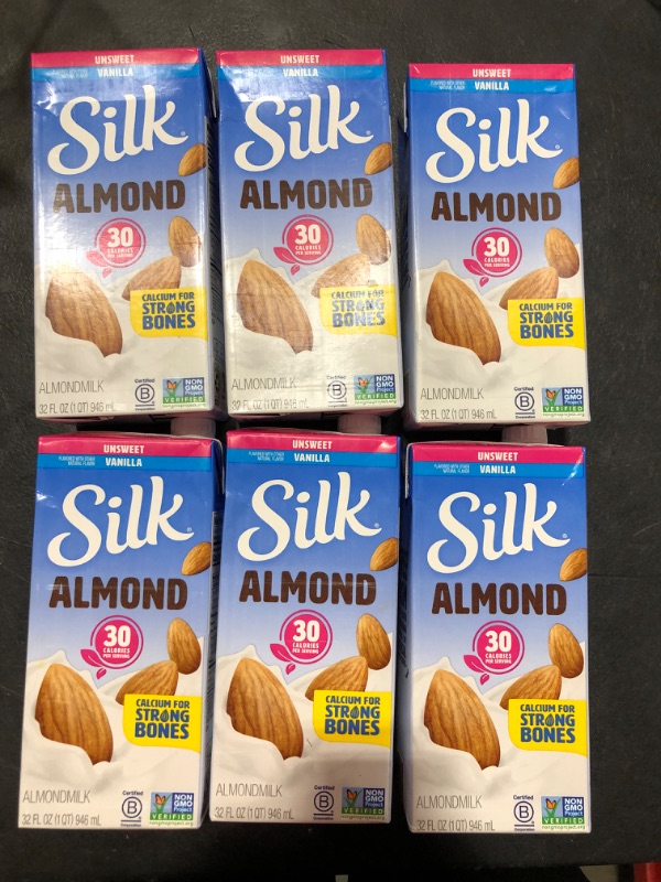 Photo 1 of (Pack of 6) Silk Shelf-Stable Unsweetened Vanilla Almond Milk 1 Quart EXP. 02/28/2024