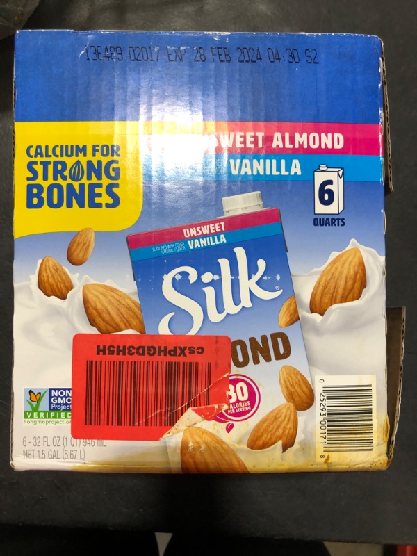 Photo 3 of (Pack of 6) Silk Shelf-Stable Unsweetened Vanilla Almond Milk 1 Quart EXP. 02/28/2024