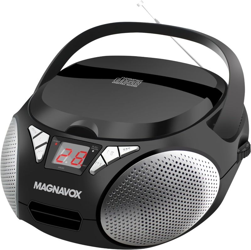 Photo 1 of Magnavox MD6924 Portable Top Loading CD Boombox with AM/FM Stereo Radio in Black | CD-R/CD-RW Compatible | LED Display | AUX Port Supported | Programmable CD Player |
