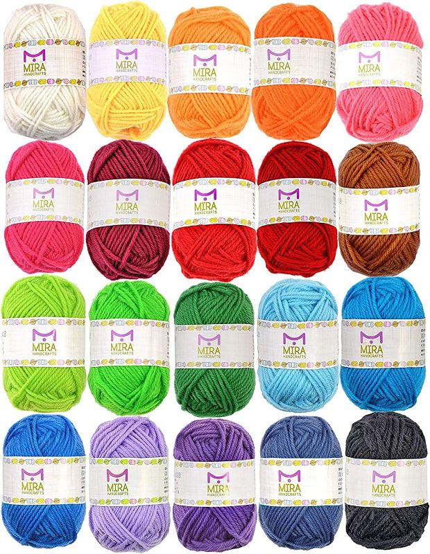 Photo 1 of 20 Acrylic Yarn Skeins | 525 Yards of Craft Yarn for Knitting and Crochet | Includes 2 Hooks, 2 Weaving Needles,7 E-Books as Crochet Accessories | Perfect Crochet kit for Beginners by Mira Handcrafts