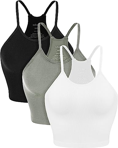 Photo 1 of [Size XS/S] ODODOS Women's Crop 3-Pack Washed Seamless Rib-Knit Camisole Crop Tank Tops
