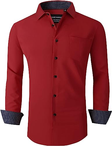 Photo 1 of [Size XL] Alex Vando Mens Dress Shirts Regular Fit Long Sleeve Stretch Business Dress Shirts for Men- Red
