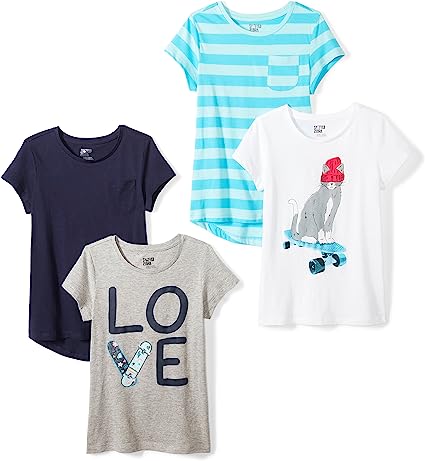 Photo 1 of [Size Large 10] Amazon Essentials Girls and Toddlers' Short-Sleeve T-Shirt Tops (Previously Spotted Zebra), Multipacks 4 Blue/Grey/White, Love/Skate