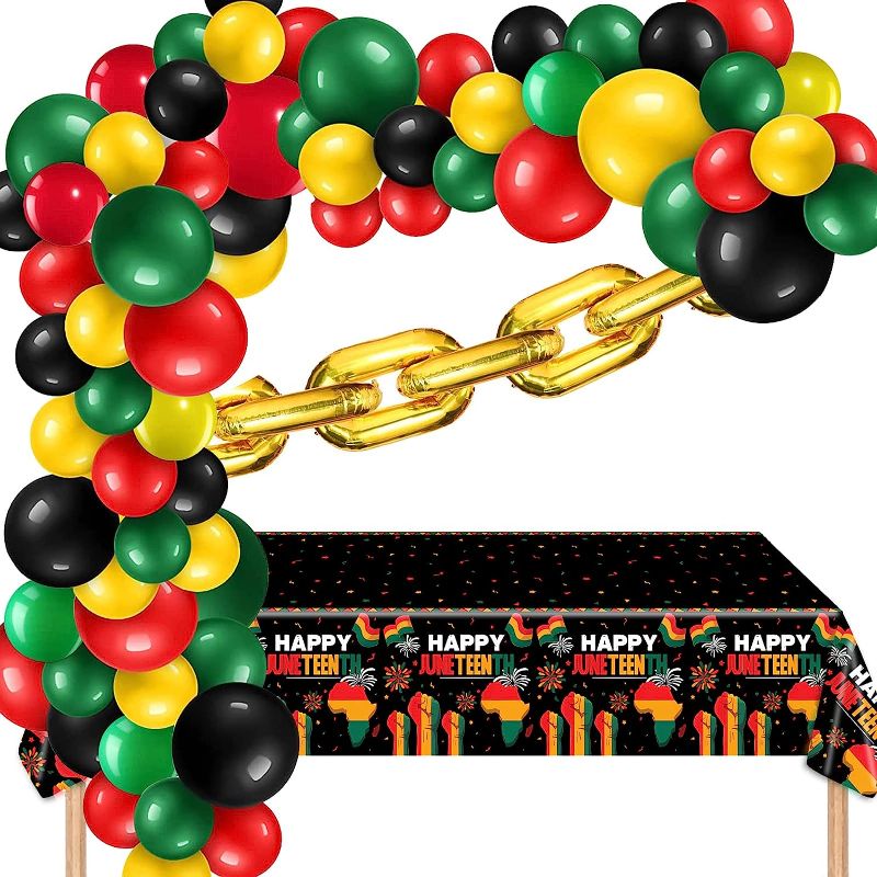 Photo 1 of 112 Pieces Juneteenth Decorations Kit-Juneteenth Balloon Garland Arch Kit with Happy Juneteenth Tablecloth Gold Chain Balloon for African-American June 19th 1865 Freedom Day Party Supplies 