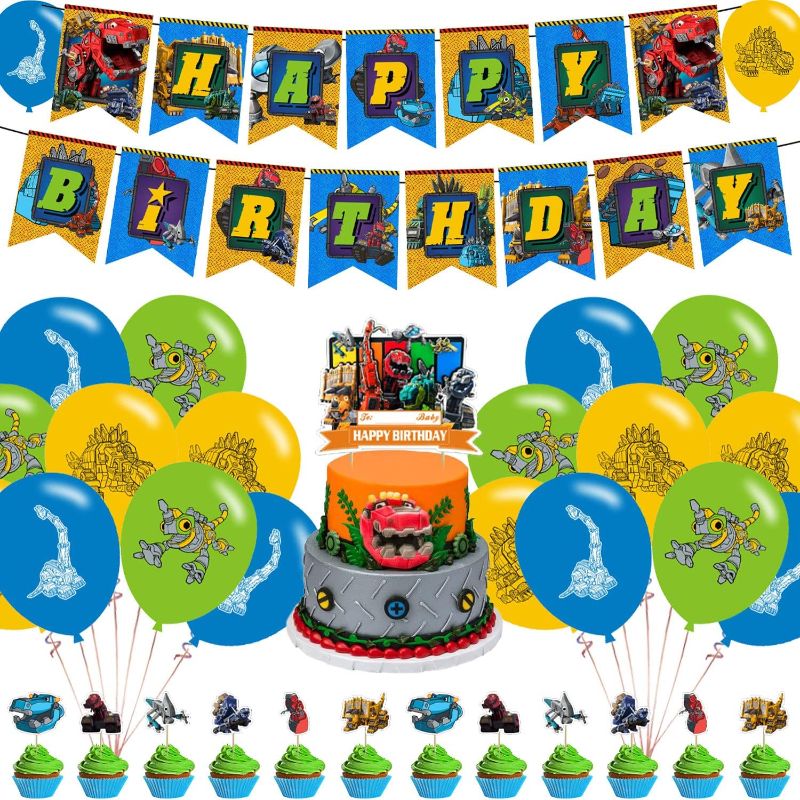 Photo 1 of Dinotrux Party Decorations,Cute Dinotrux Birthday Party Supplies Includes Banner - Cake Topper - 12 Cupcake Toppers - 18 Balloons