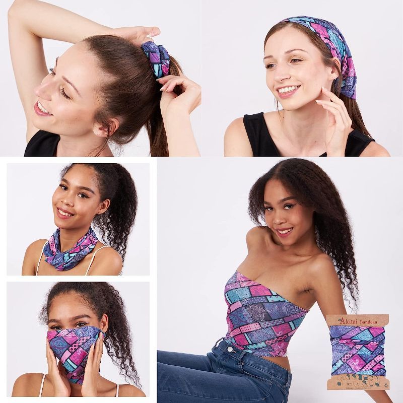 Photo 1 of Akitai Boho Headbands for Women - Multi-Purpose Bandeau with Microfiber Material and Beautiful Designs - Geo Pink Paisley Pattern Design